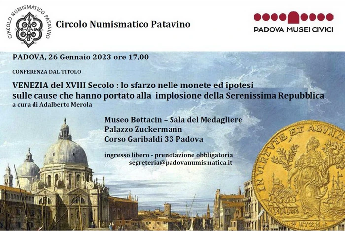 Padova 26 gennaio 2023 – Conferenza: “Venezia del XVIII Secolo: lo sfarzo nelle monete”