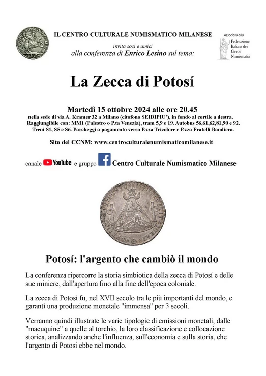 Milano 15 ottobre 2024: Conferenza “La Zecca di Potosì”