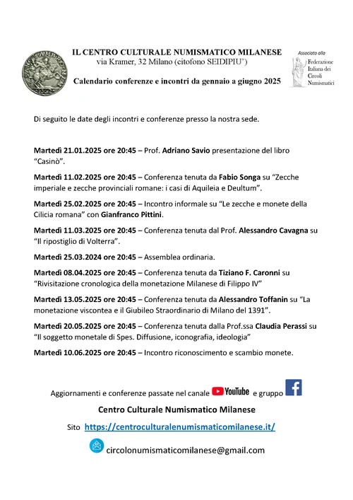 Milano 1° semestre 2025 – Calendario eventi del CCNM