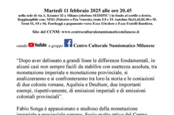 Milano 11 febbraio 2025 – Conferenza: “Zecche imperiali e zecche provinciali romane: i casi di Aquileia e Deultum”