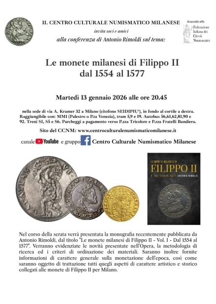 Milano 13 gennaio 2026 – Conferenza sulla monetazione milanese di Filippo II