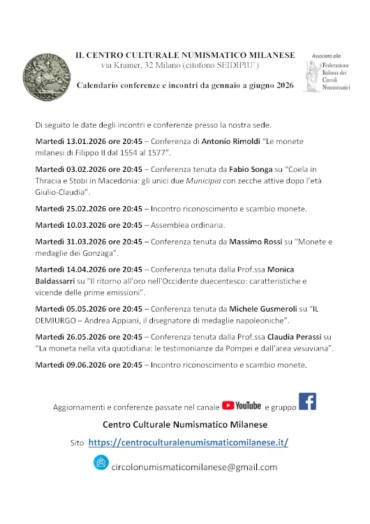 Centro Culturale Numismatico Milanese – Eventi 1° sem. 2026