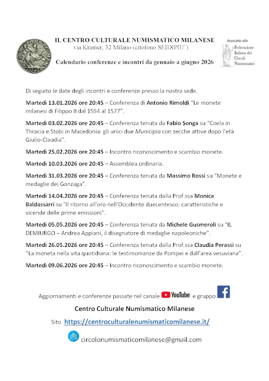 Centro Culturale Numismatico Milanese - Eventi 1° sem. 2026 Federazione Italiana dei Circoli Numismatici