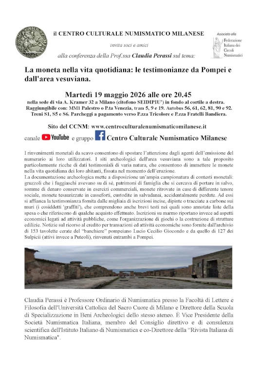 Milano 19 maggio 2026 – Conferenza sulla Monetazione quotidiana a Pompei