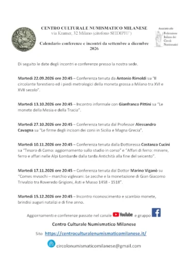 Milano 2° semestre 2026 – Calendario eventi del CCNM