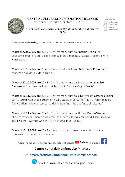 Milano 2° semestre 2026 – Calendario eventi del CCNM