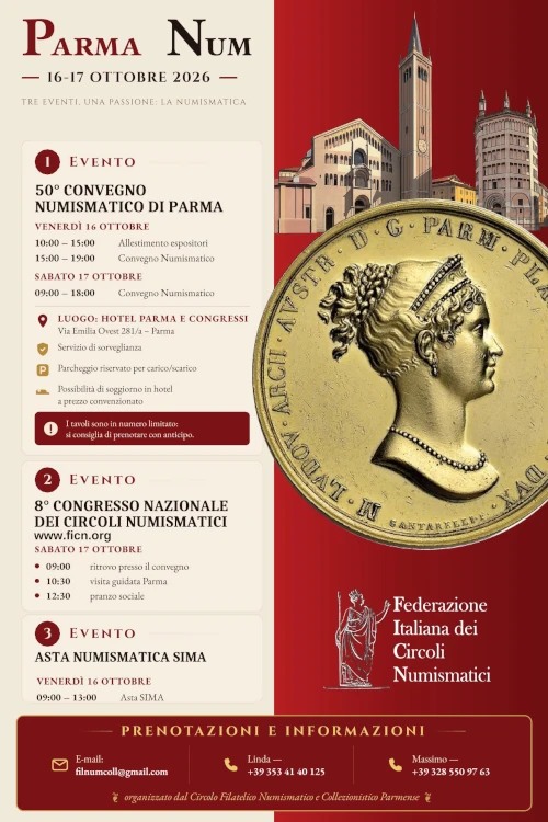 Parma 17 ottobre 2026 – 8° Congresso Nazionale dei Circoli Numismatici