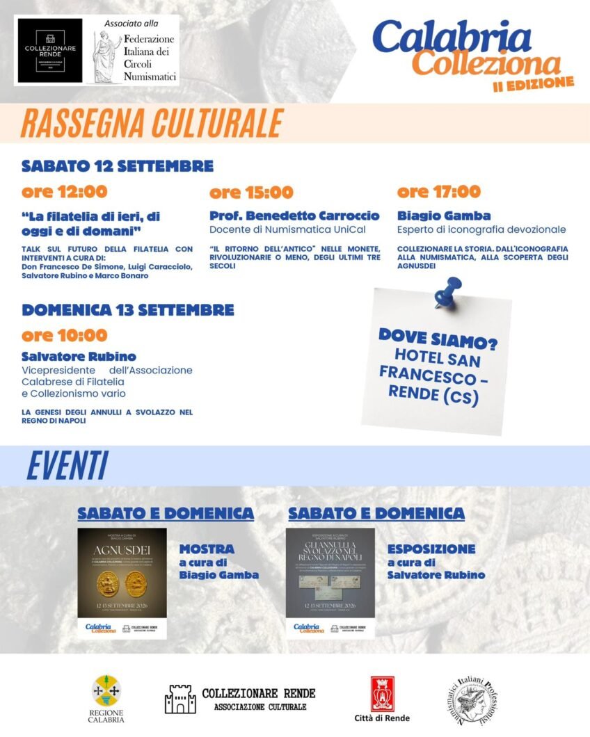 Rende (CS) 12 e 13 Settembre 2026:”Calabria Colleziona” evento dedicato alla storia, alla memoria e al collezionismo