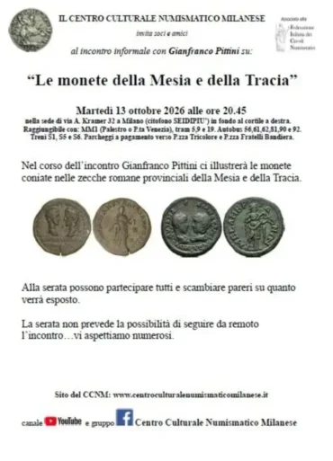 Milano 13 ottobre 2026 – Incontro alla scoperta delle monete di Mesia e Tracia