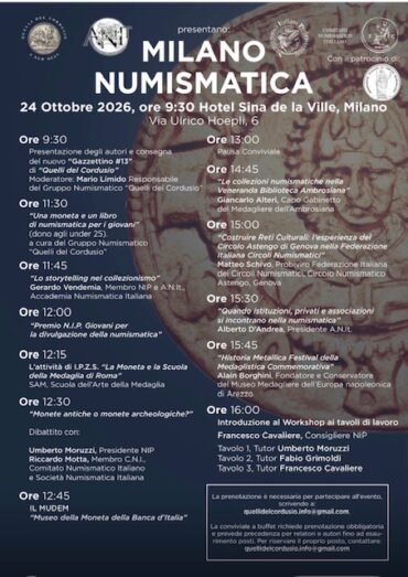 Milano 24 ottobre 2026 ore 9.30 Segnalazione Evento “Milano Numismatica 2026”