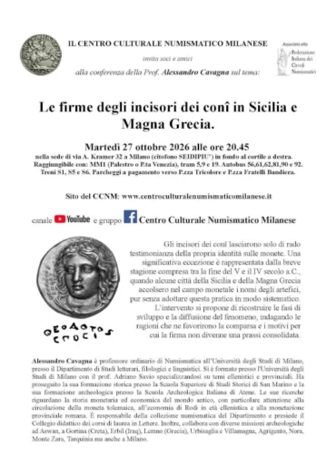 Milano 27 ottobre – Conferenza “Le firme degli incisori dei conî in Sicilia e Magna Grecia”