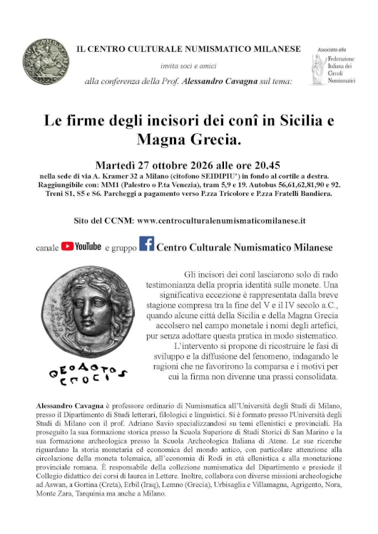 Centro Culturale Numismatico Milanese - Le firme degli incisori dei conî in Sicilia e Magna Grecia - Federazione Italiana dei Circoli Numismatici