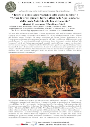 Milano 10 novembre 2026 – Conferenze sul Tesoro di Como e l’archeometallurgia alpina